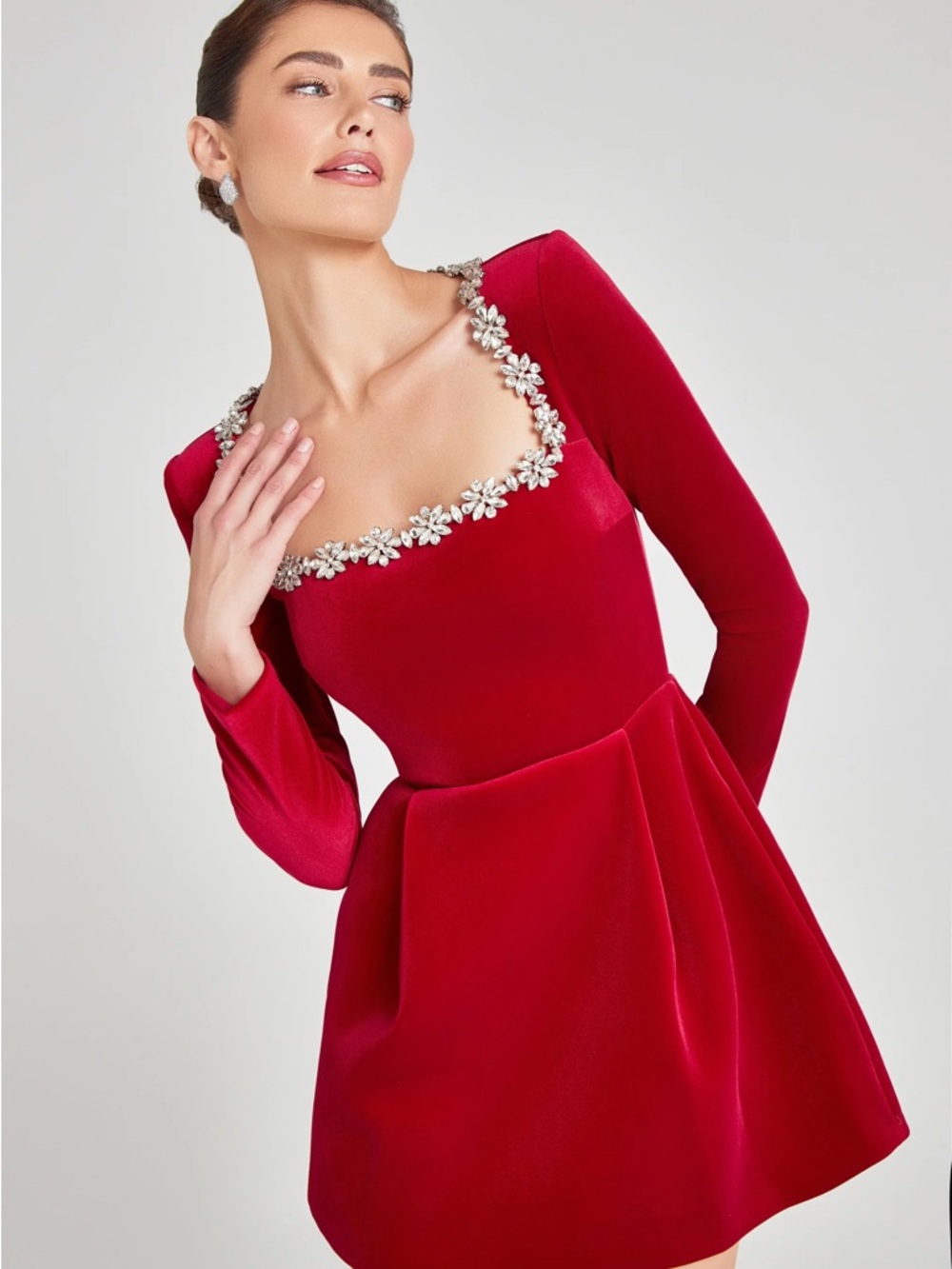 NADINE MERABI KIMBERLY Red Velvet Long-Sleeve Dress